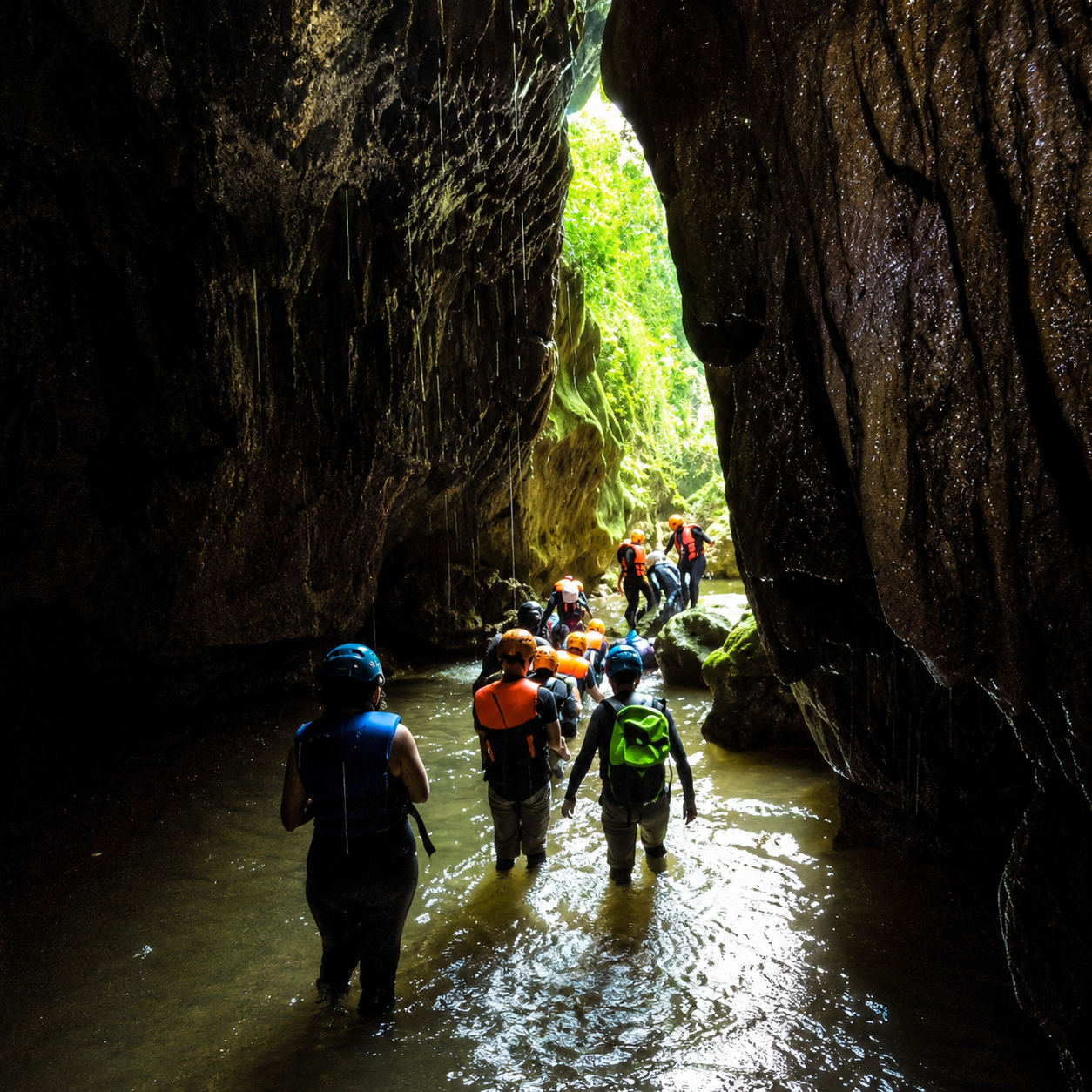 Group wading through a river cave in Vega Baja
