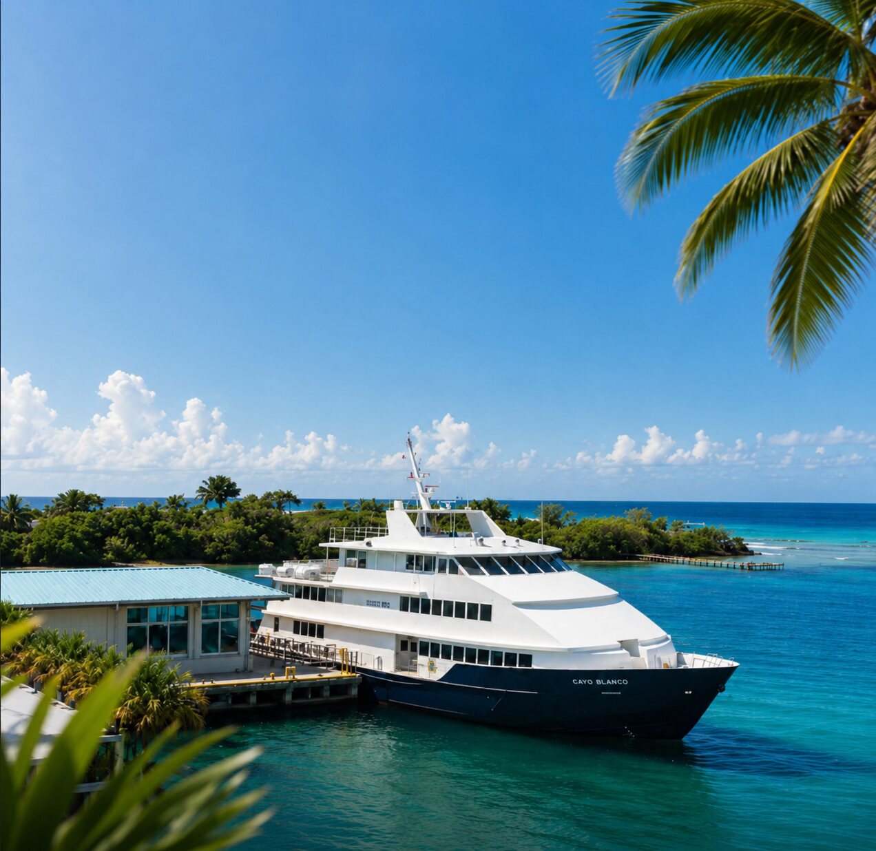 Cayo Blanco ferry docked at the Puerto Rico terminal for ferry tickets to Culebra and Vieques