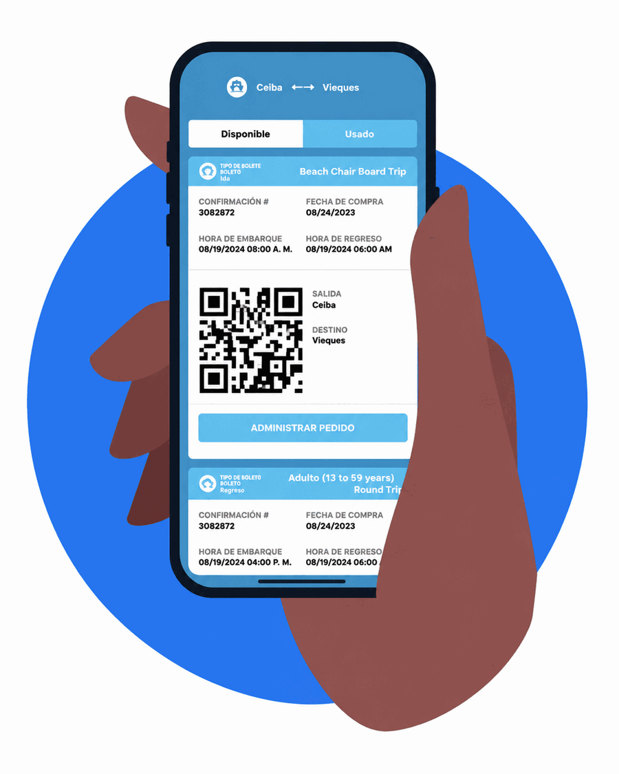 Mobile ferry ticket with QR code for the Ceiba to Vieques route shown on a phone