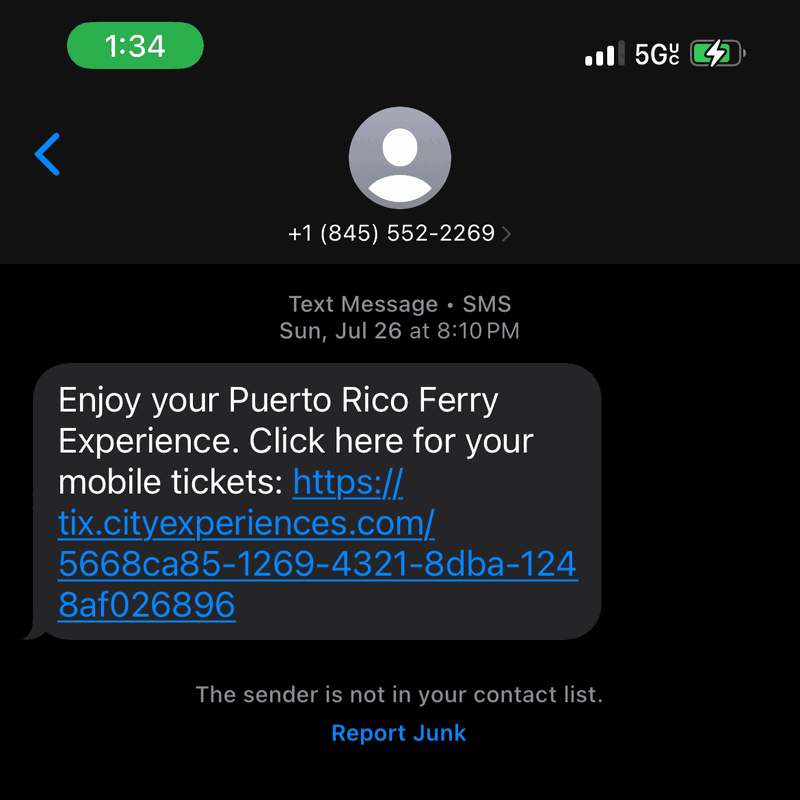 Text message delivering Puerto Rico Ferry mobile tickets to a customer