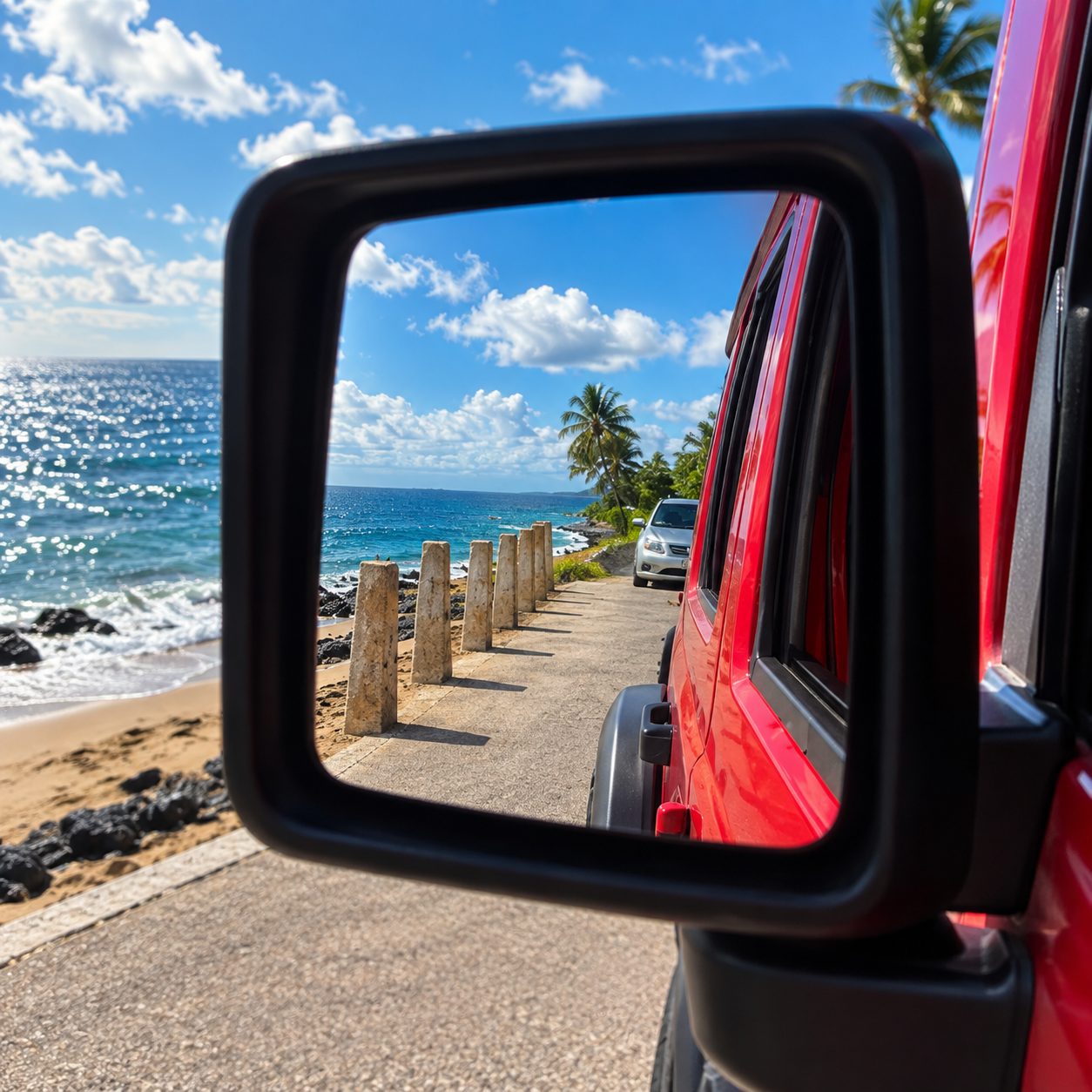 Caribbean coastline reflected in the side mirror of the red Jeep Willys