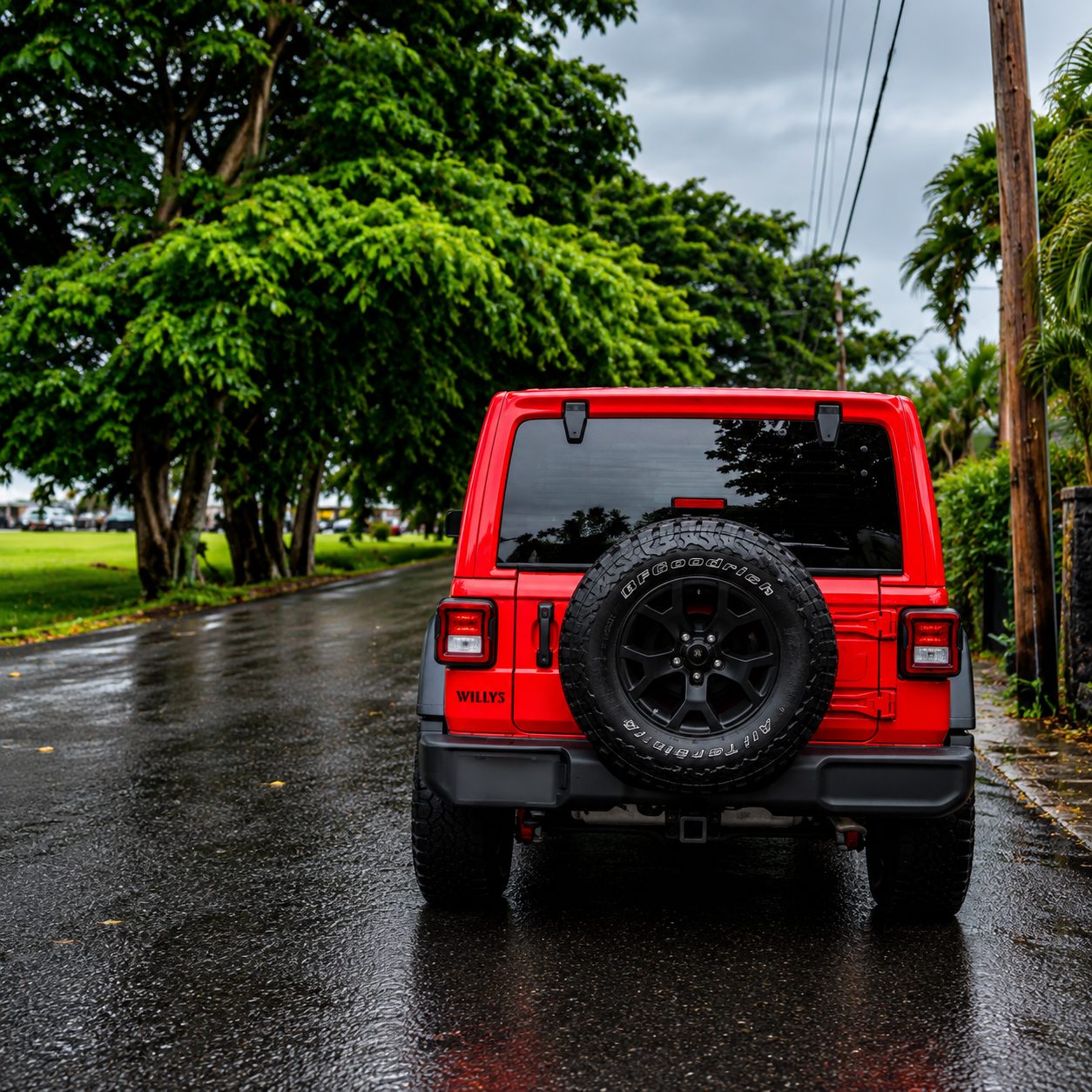 Rear view of the red Jeep Willys with spare tire on a tree-lined road in Puerto Rico