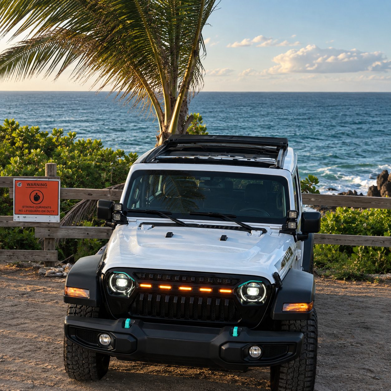 White Jeep Willys parked by the ocean at sunset under a palm tree