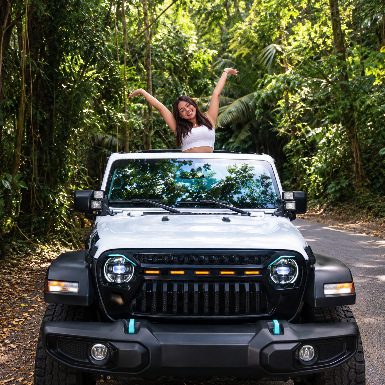 Guest standing through the open roof of the white Jeep Willys on a rainforest road