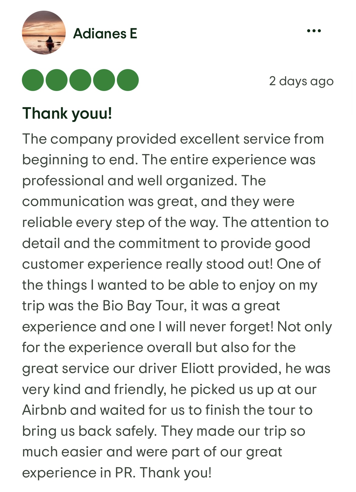 Five-star review from Adianes E praising the professional service and unforgettable Bio Bay tour