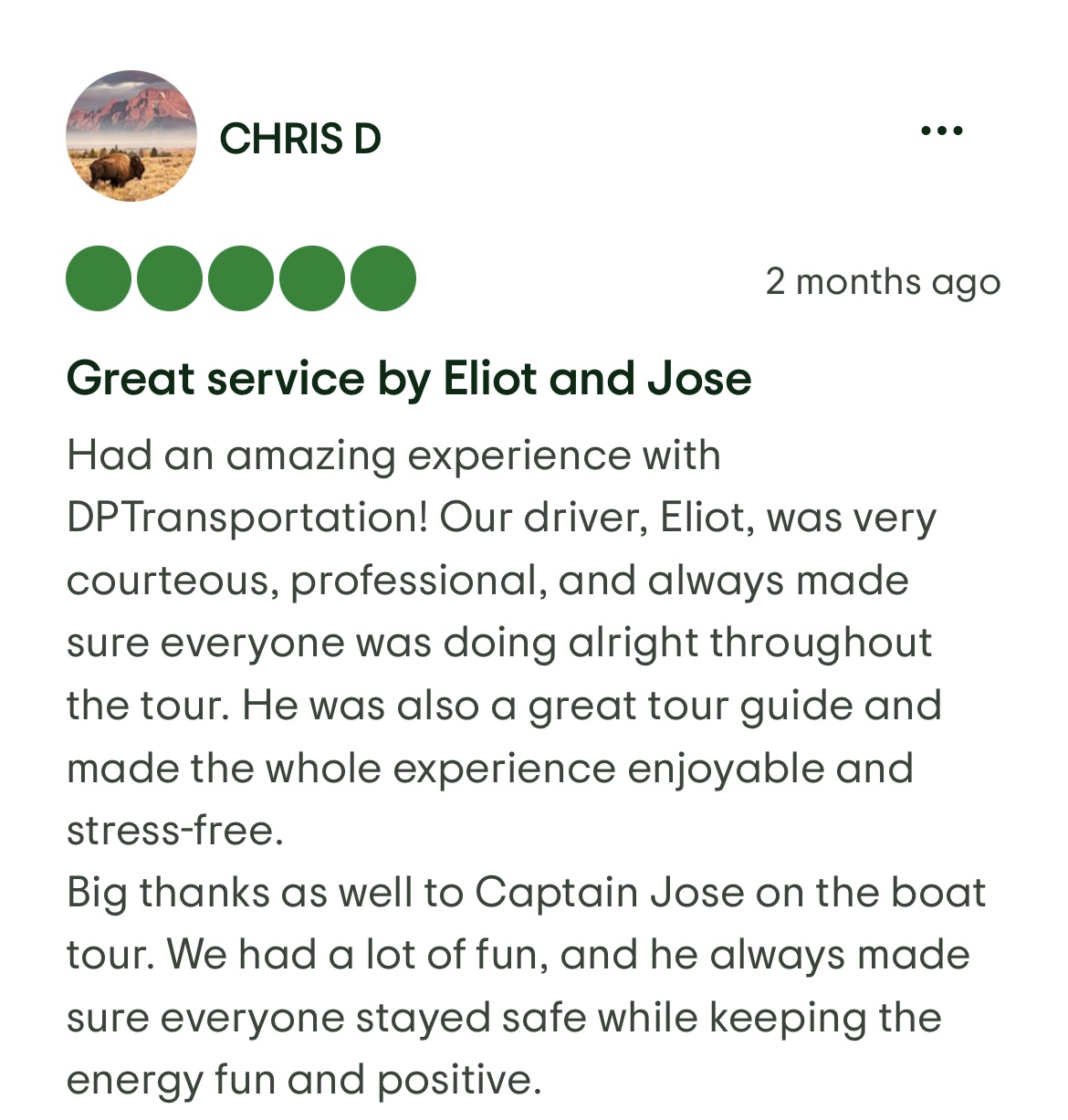 Five-star review from Chris D praising driver Eliot and Captain Jose for a great tour and boat experience
