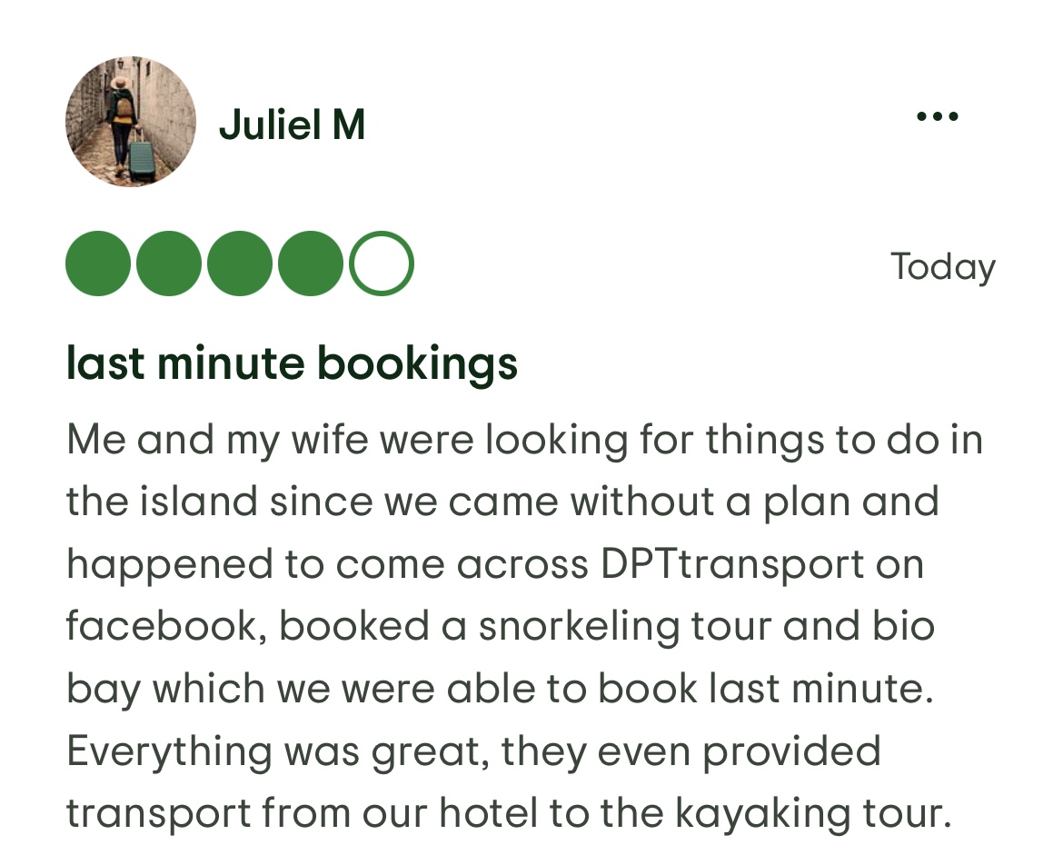 Review from Juliel M about easy last-minute snorkeling and bio bay bookings with hotel transport included