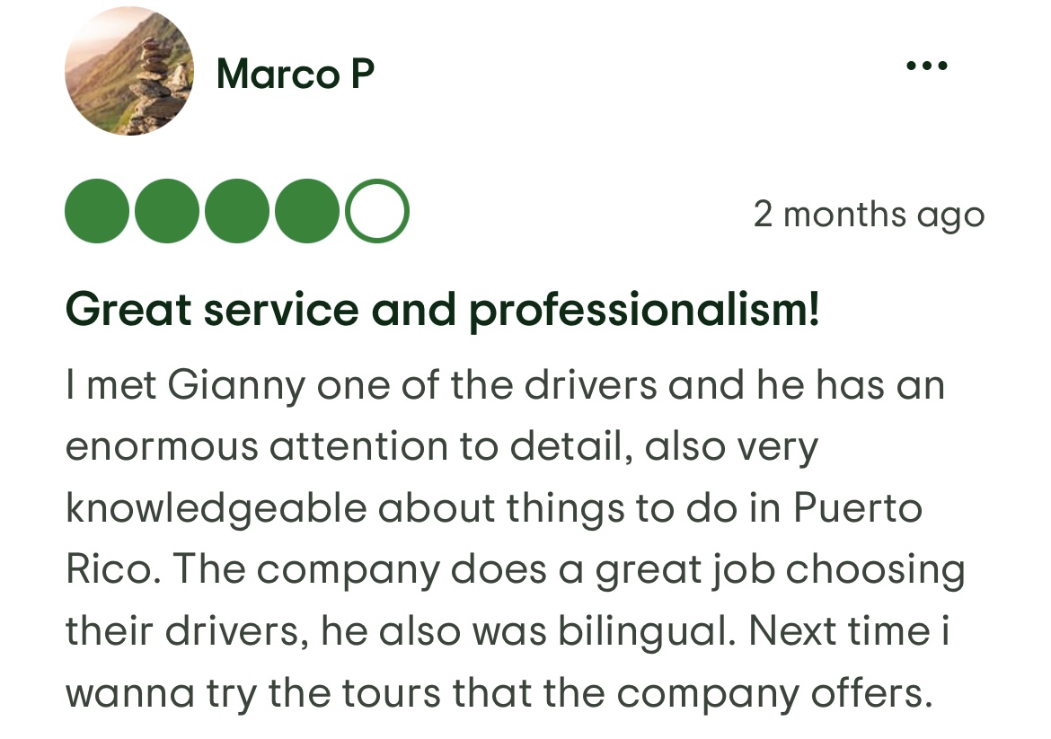 Four-star review from Marco P praising driver Gianny for great service, professionalism and detailed local knowledge of Puerto Rico